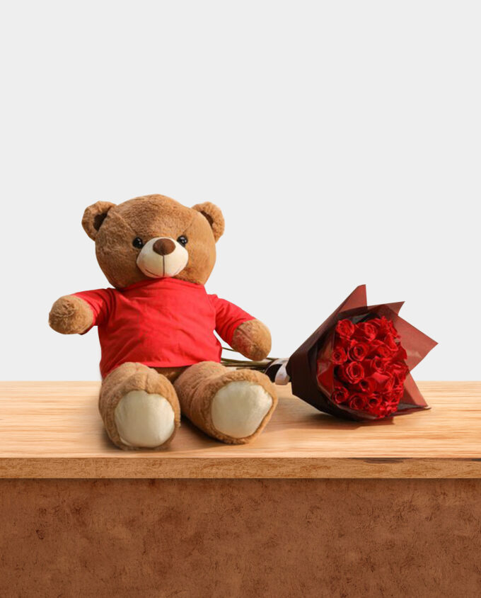 Valentine’s Red Rose Bouquet with Teddy